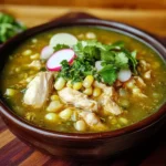 Tazón hondo de pozole verde de pollo con maíz, pollo desmenuzado, rábano, cebolla y lechuga fresca.