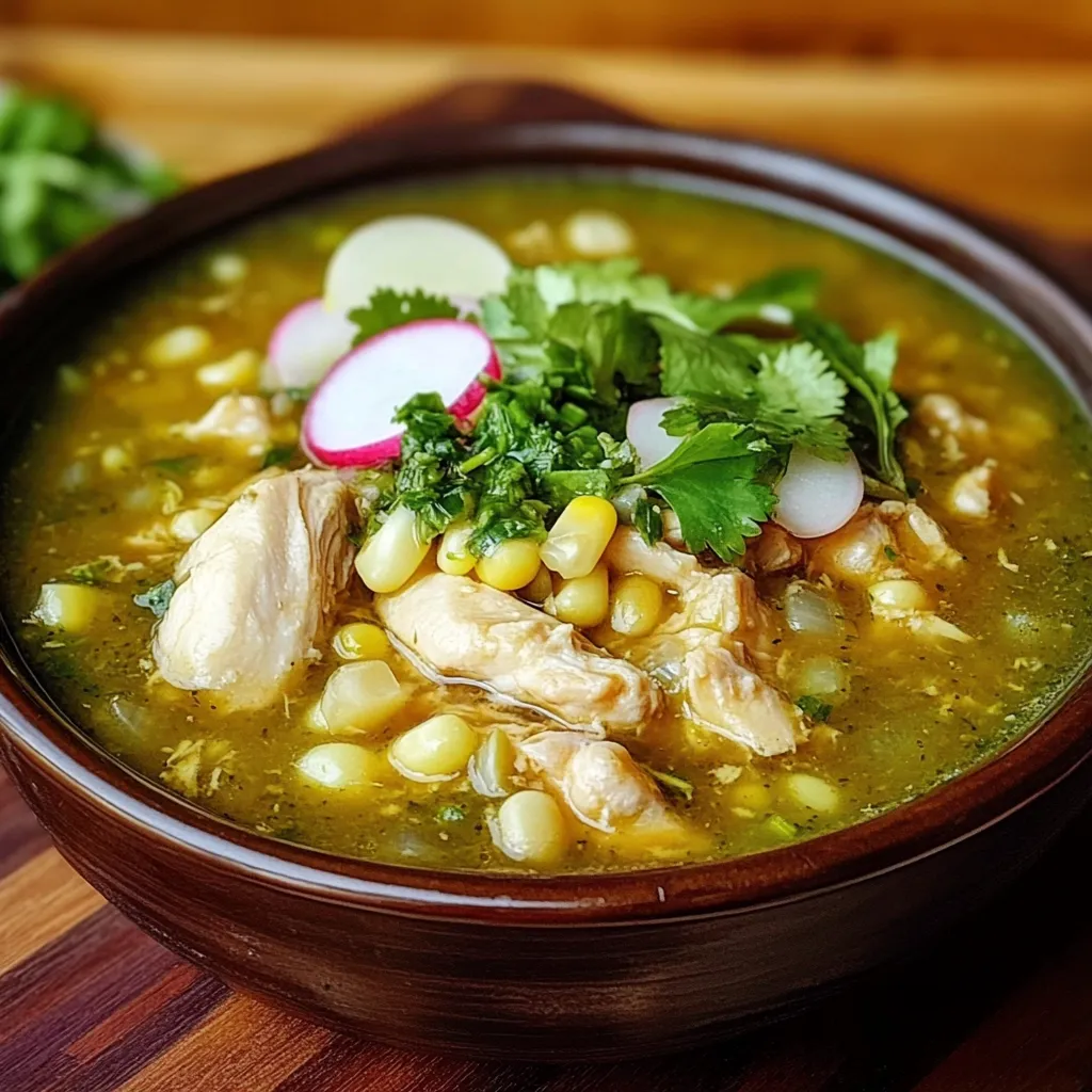 Tazón hondo de pozole verde de pollo con maíz, pollo desmenuzado, rábano, cebolla y lechuga fresca.