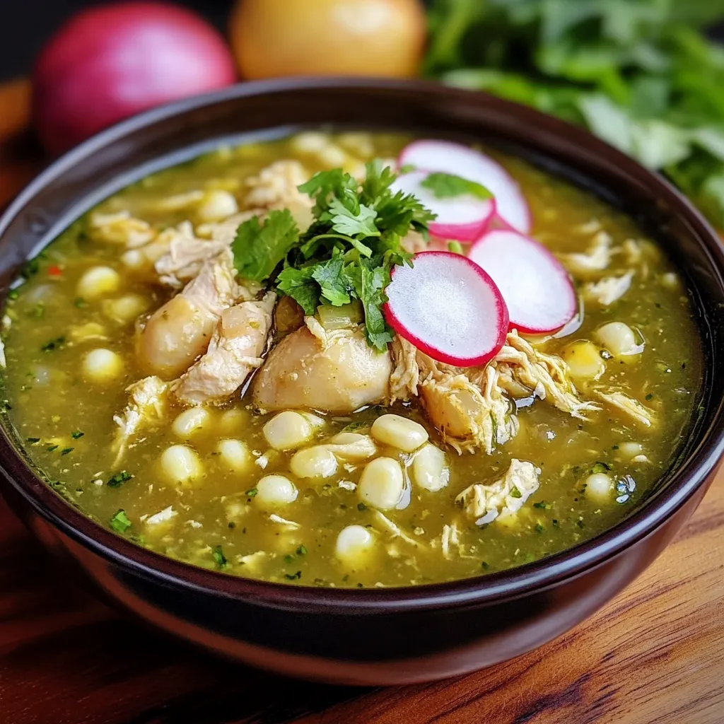 Tazón hondo de pozole verde de pollo con maíz, pollo desmenuzado, rábano, cebolla y lechuga fresca.