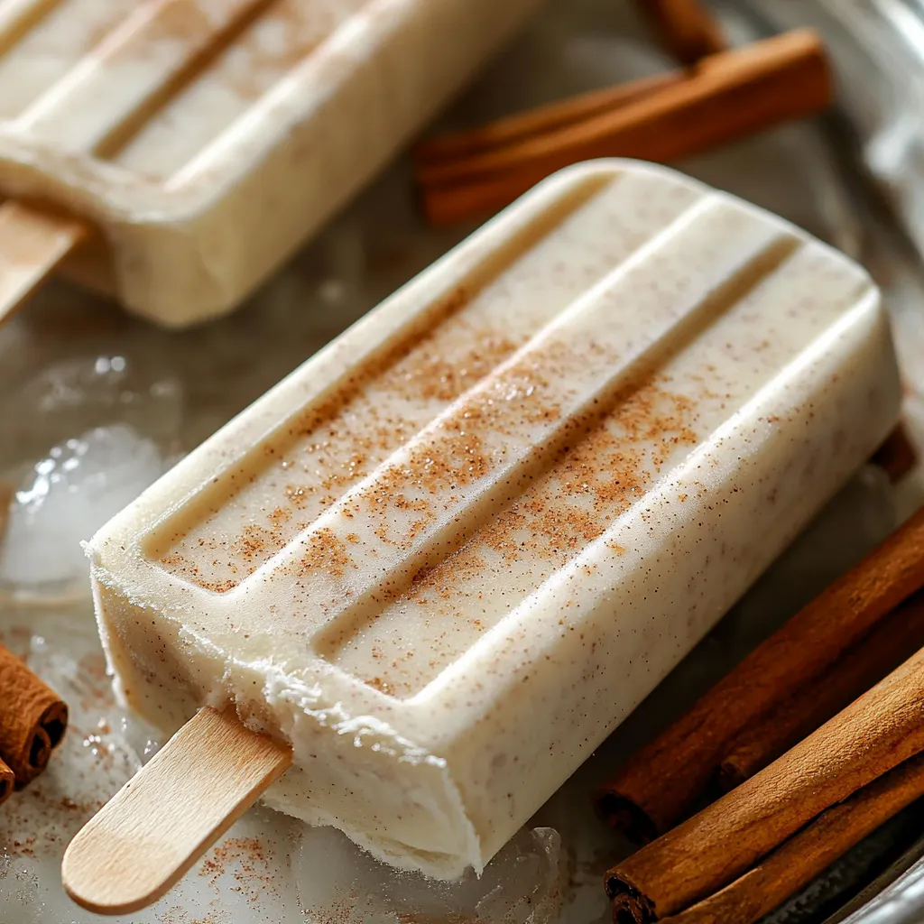 Paletas de horchata con canela servidas en una bandeja con canela en rama