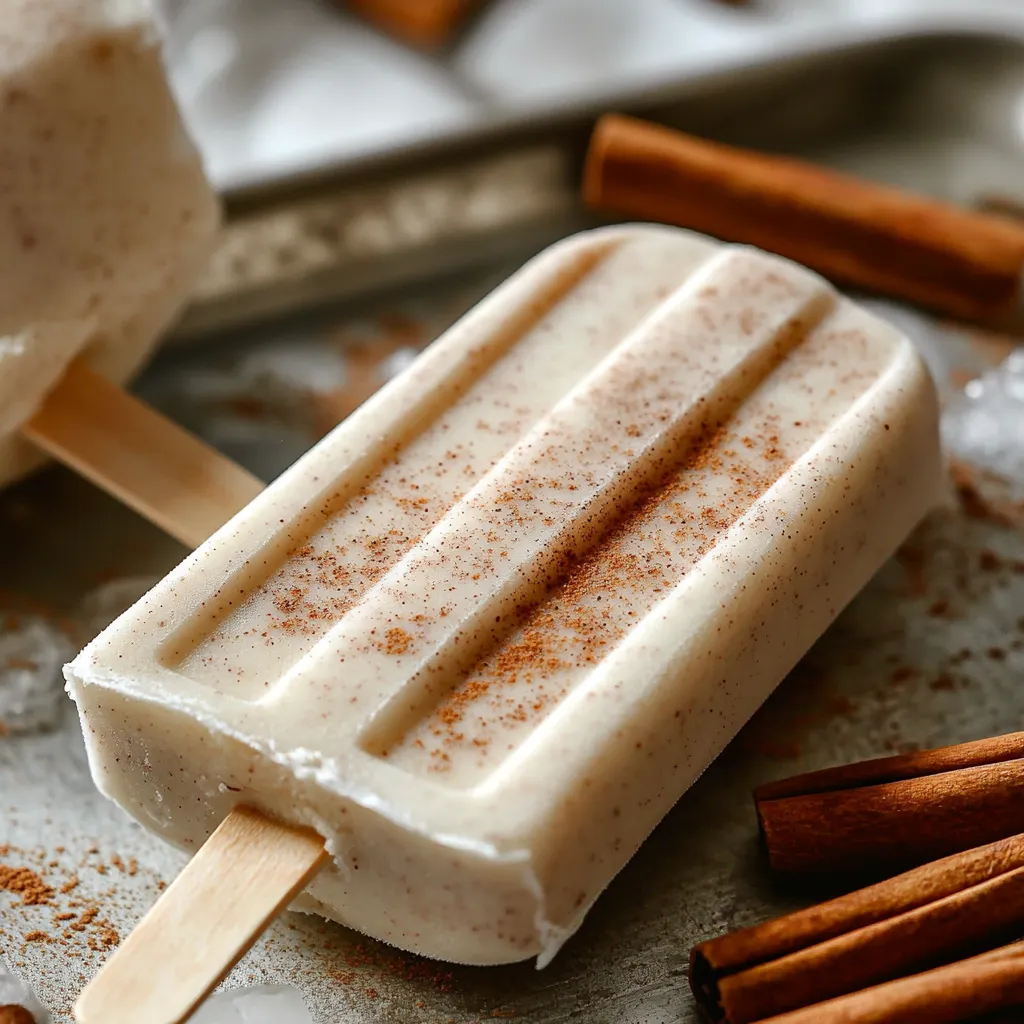 Paletas de horchata con canela servidas en una bandeja con canela en rama