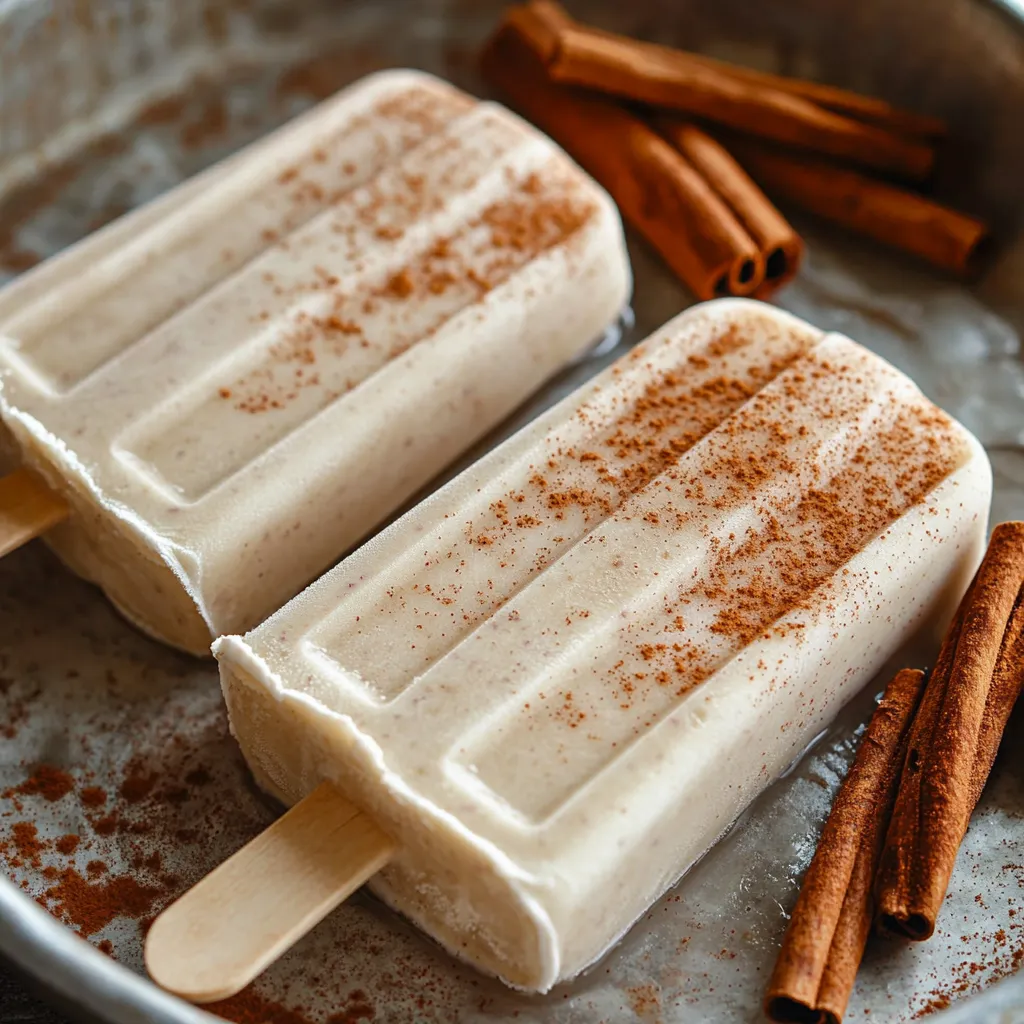Paletas de horchata con canela servidas en una bandeja con canela en rama