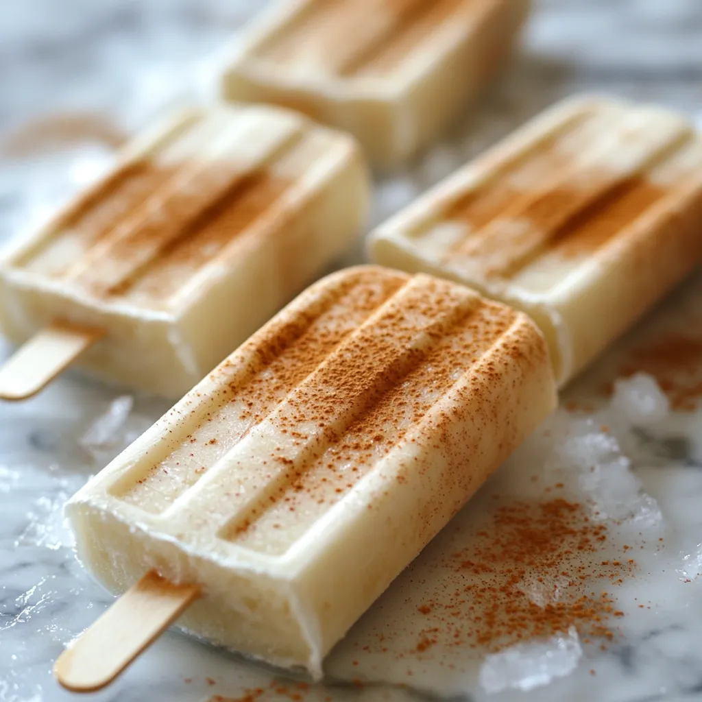 Paletas de horchata con canela servidas en una bandeja con canela en rama