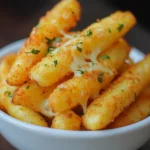 Palitos de patata y queso fritos, servidos en plato blanco