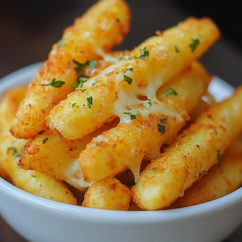 Palitos de patata y queso fritos, servidos en plato blanco