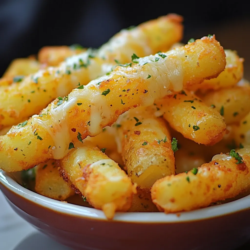 Palitos de patata y queso fritos, servidos en plato blanco