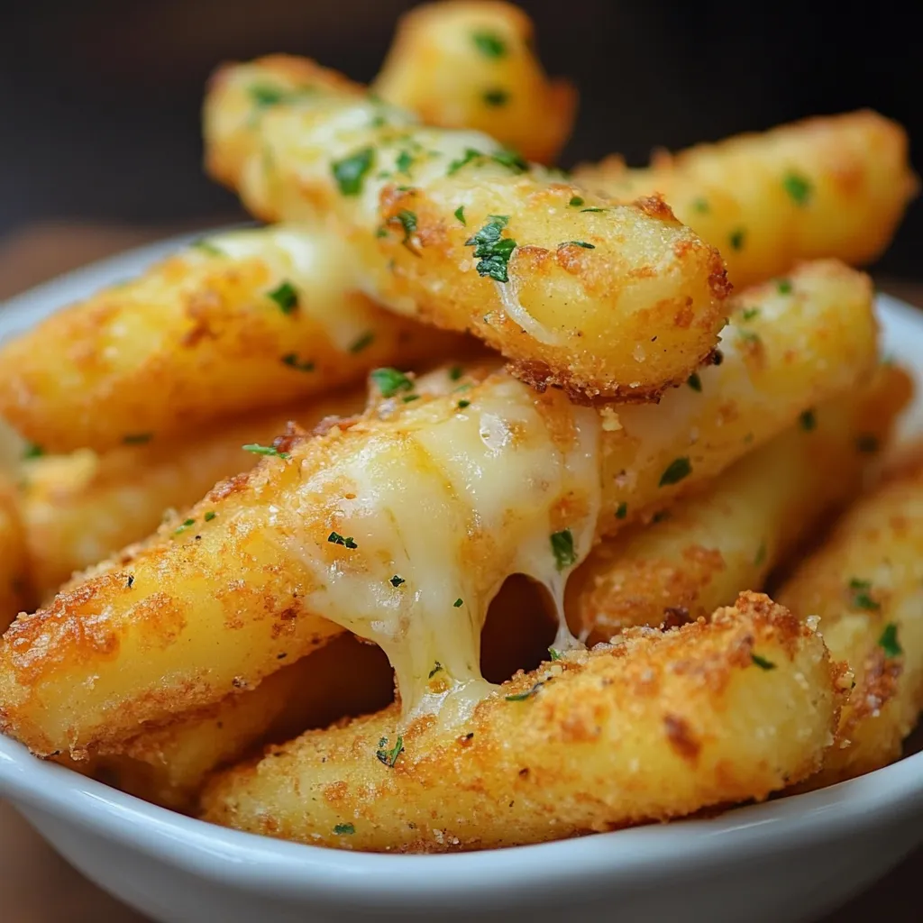 Palitos de patata y queso fritos, servidos en plato blanco