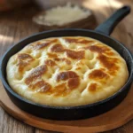 Pan árabe cocido en sartén dorado por ambos lados, servido sobre tabla de madera.