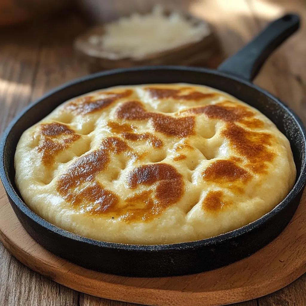 Pan árabe cocido en sartén dorado por ambos lados, servido sobre tabla de madera.