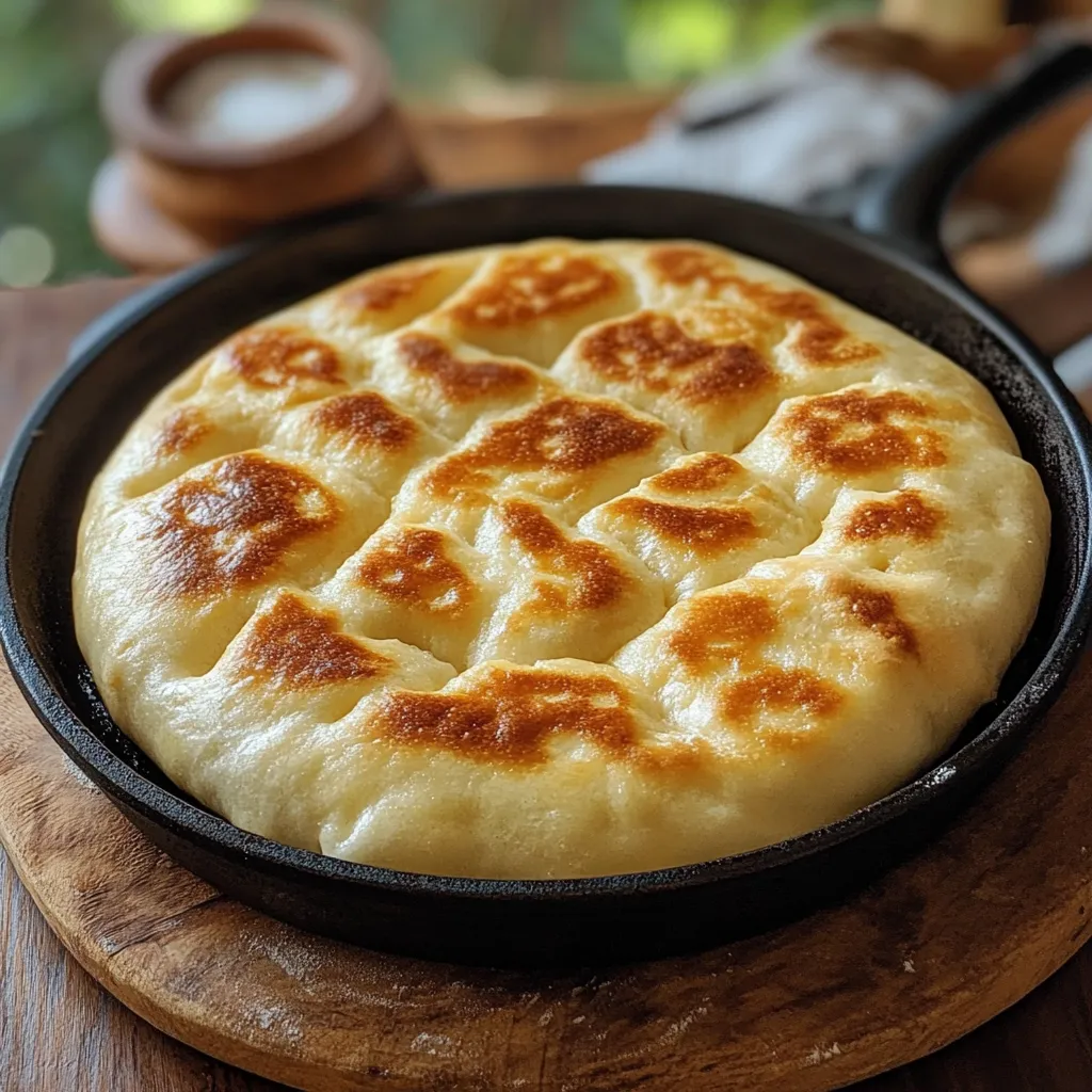 Pan árabe cocido en sartén dorado por ambos lados, servido sobre tabla de madera.