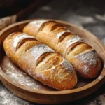 Pan baguette casero crujiente recién horneado sobre una tabla de madera