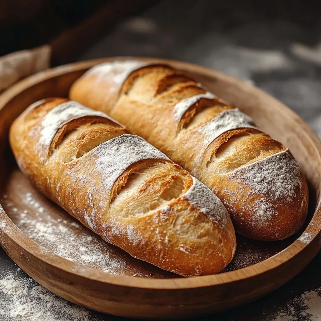 Pan baguette casero crujiente recién horneado sobre una tabla de madera