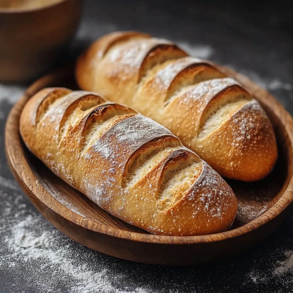 Pan baguette casero crujiente recién horneado sobre una tabla de madera