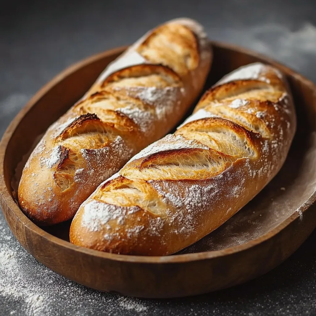 Pan baguette casero crujiente recién horneado sobre una tabla de madera