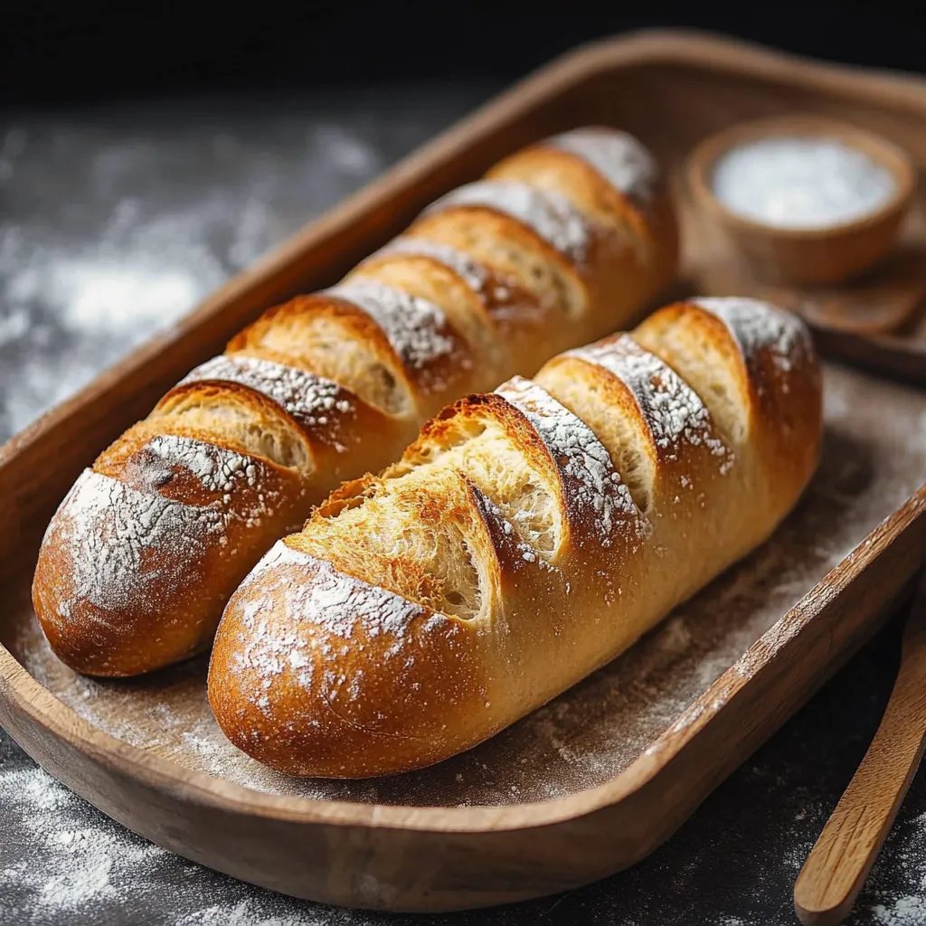 Pan baguette casero crujiente recién horneado sobre una tabla de madera