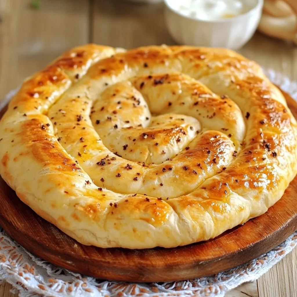 Pan Turco (Pide) recién horneado con textura dorada y decorado con semillas de sésamo