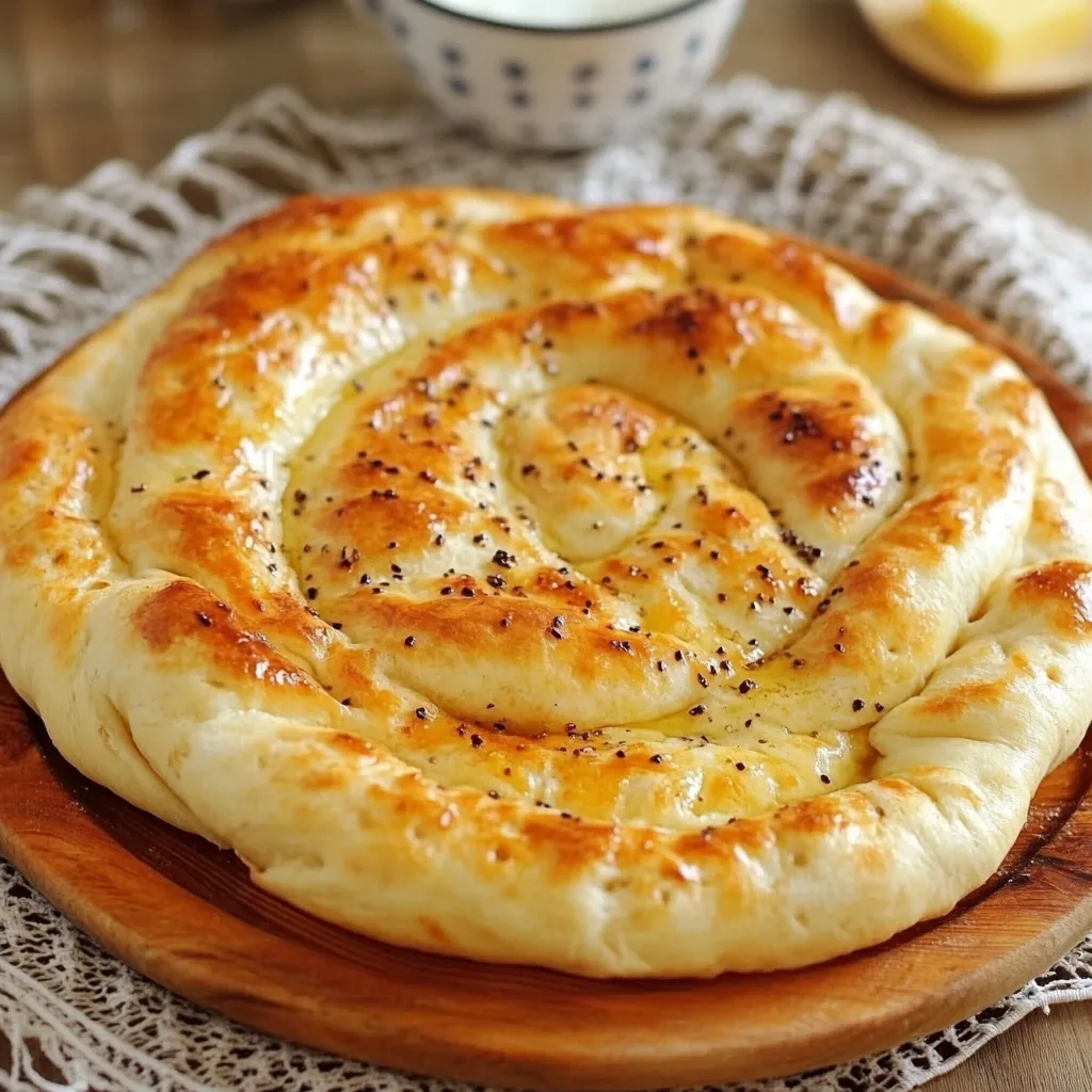 Pan Turco (Pide) recién horneado con textura dorada y decorado con semillas de sésamo