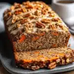 Pan casero de avena, zanahoria y nuez recién horneado, servido en rebanadas sobre una tabla de madera.