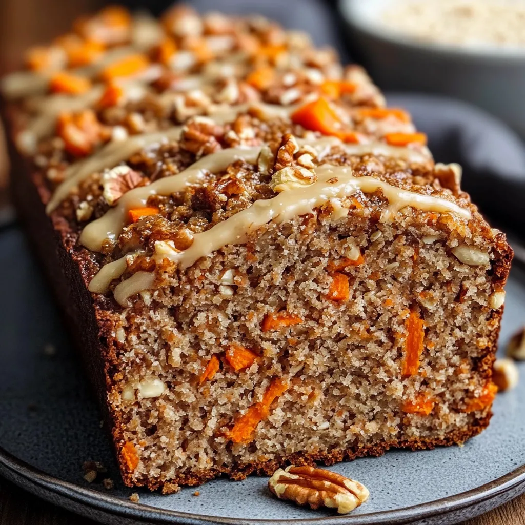 Pan casero de avena, zanahoria y nuez recién horneado, servido en rebanadas sobre una tabla de madera.