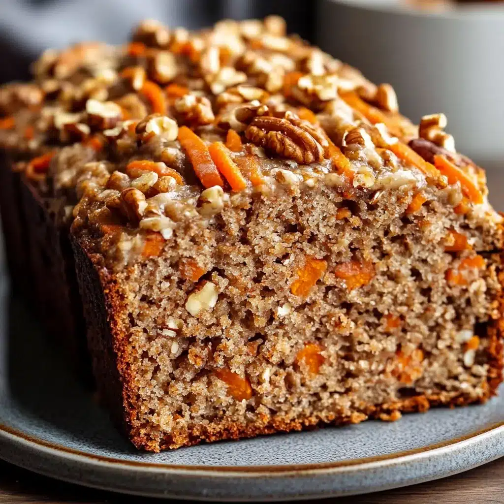 Pan casero de avena, zanahoria y nuez recién horneado, servido en rebanadas sobre una tabla de madera.