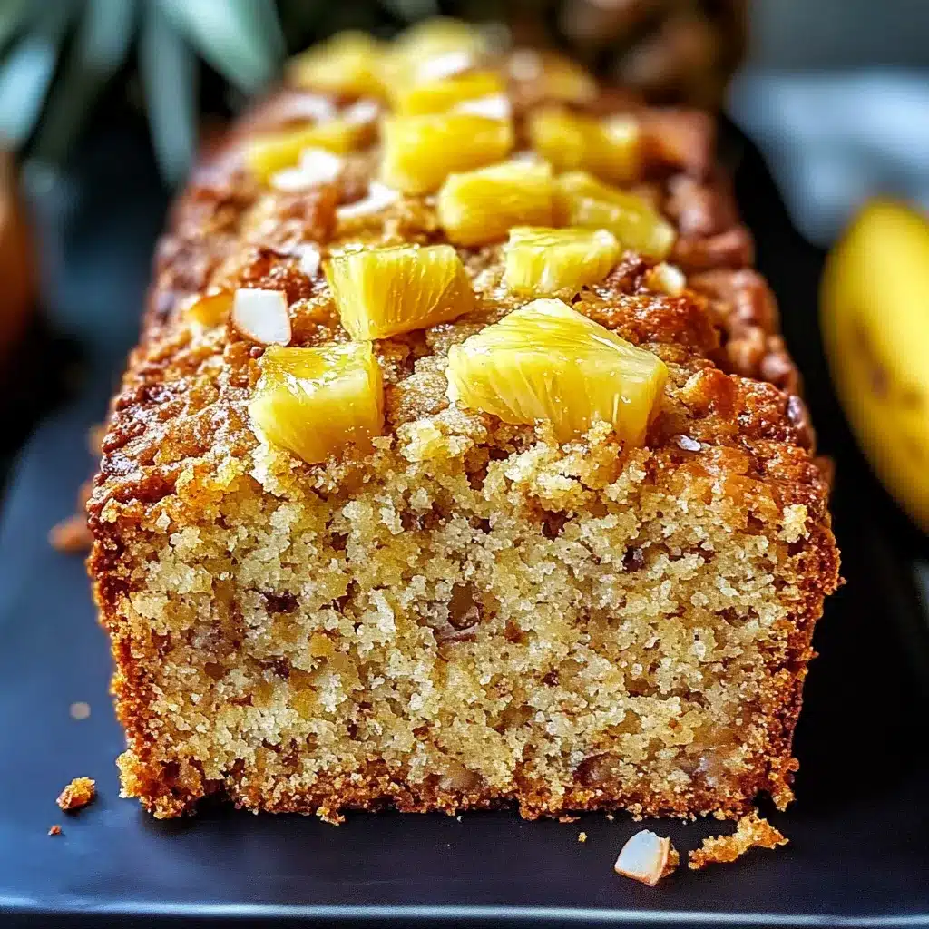 Pan de plátano con piña y coco recién horneado en molde rectangular