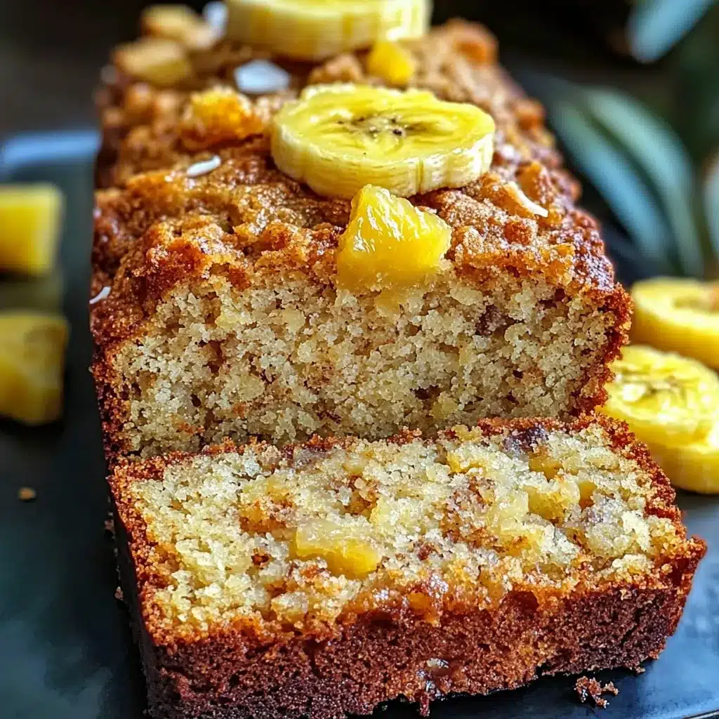Pan de plátano con piña y coco recién horneado en molde rectangular