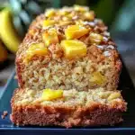 Pan de plátano con piña y coco recién horneado en molde rectangular