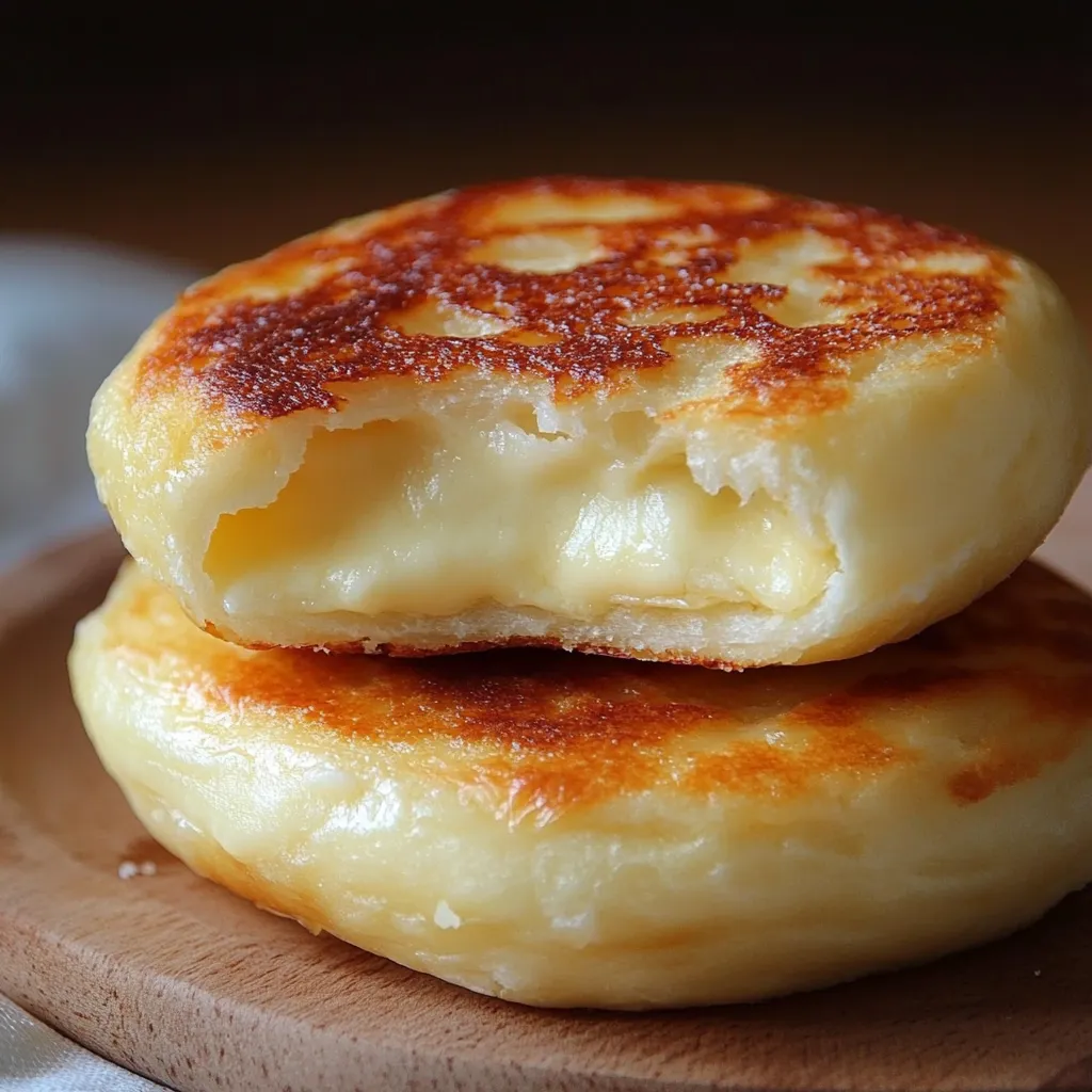 Pan de queso sin horno dorado y servido caliente sobre plato de madera