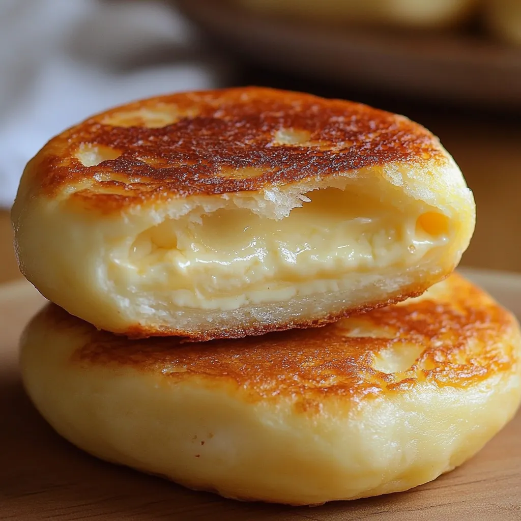 Pan de queso sin horno dorado y servido caliente sobre plato de madera