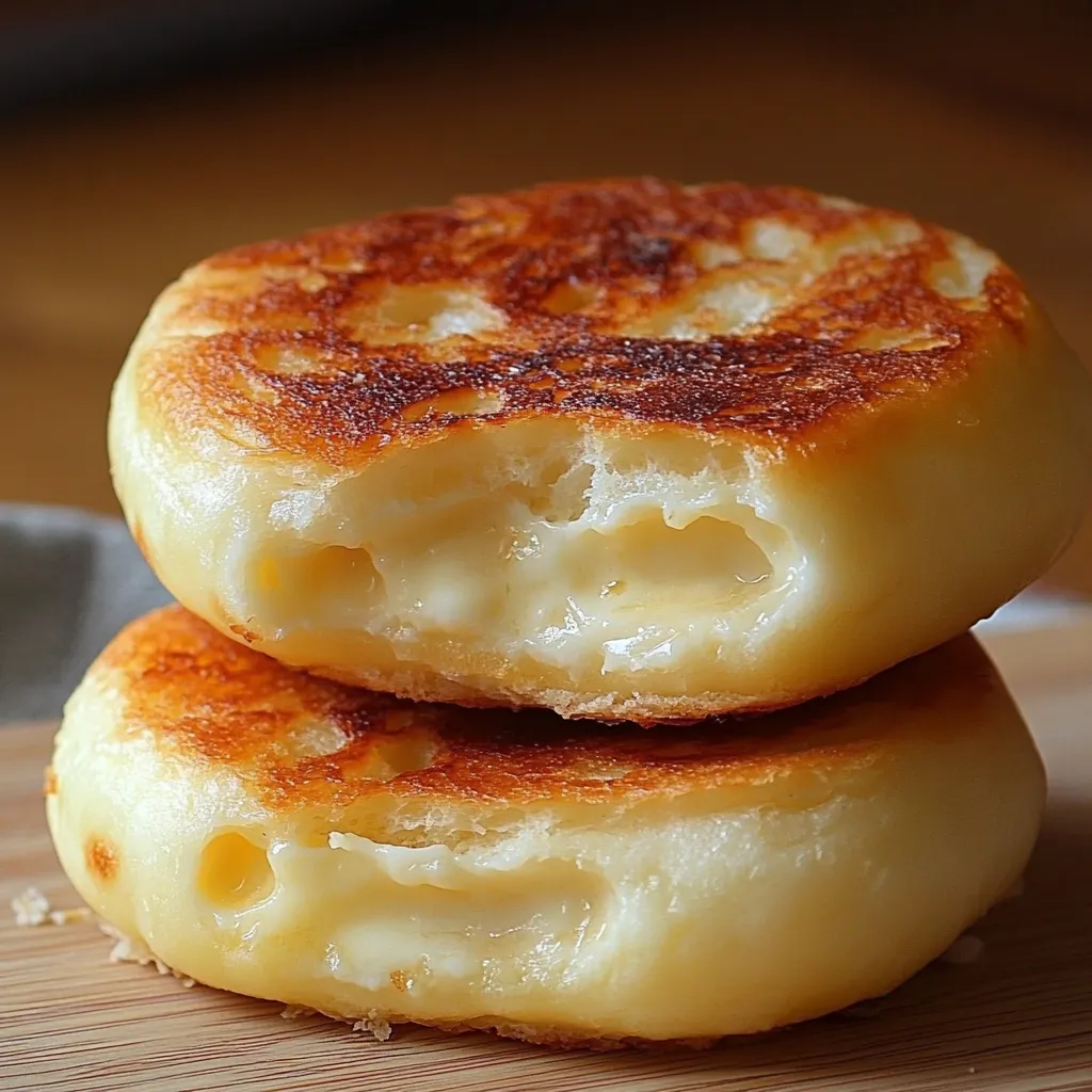 Pan de queso sin horno dorado y servido caliente sobre plato de madera