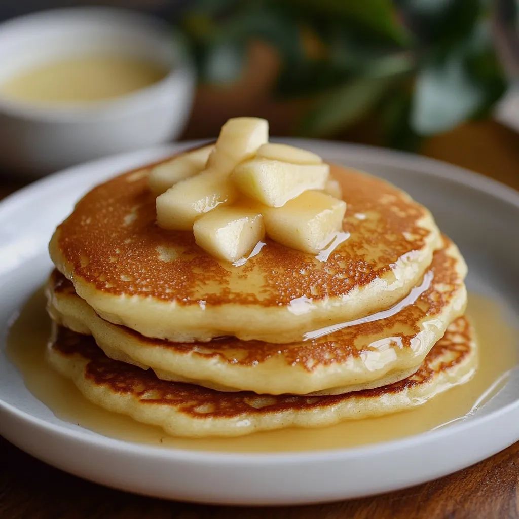 Panqueques esponjosos de manzana servidos con frutas frescas y yogur sobre un plato blanco.