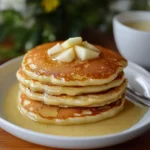 Panqueques esponjosos de manzana servidos con frutas frescas y yogur sobre un plato blanco.