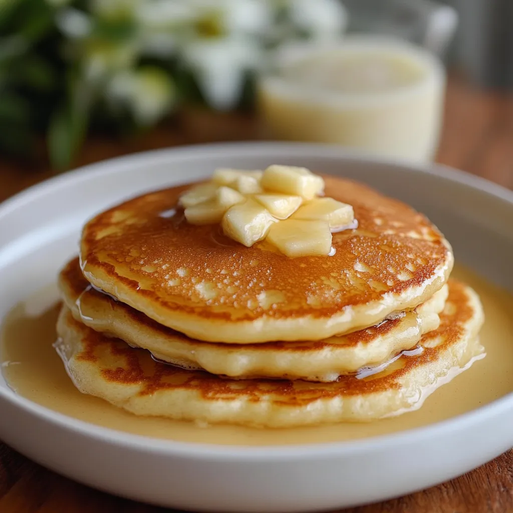 Panqueques esponjosos de manzana servidos con frutas frescas y yogur sobre un plato blanco.