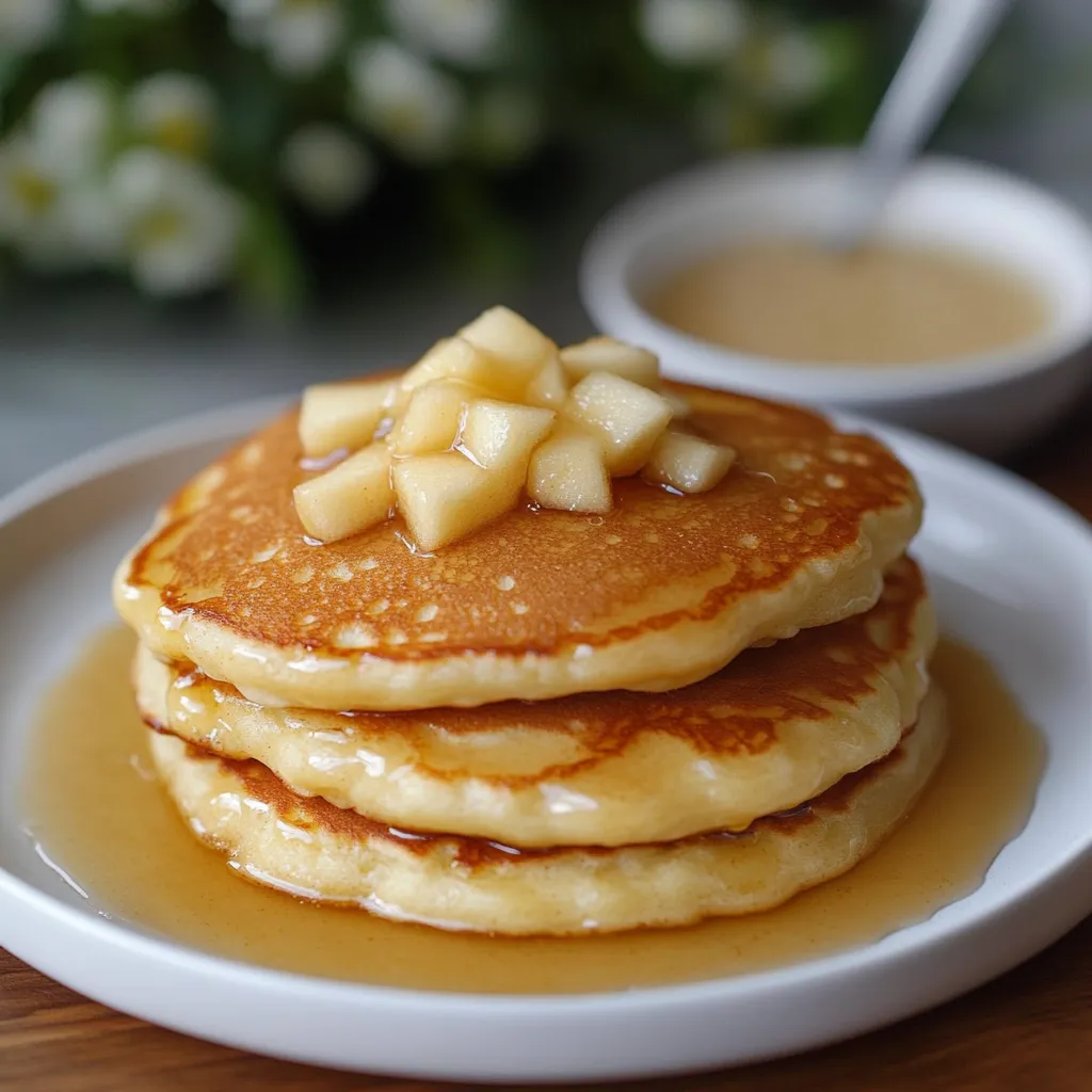 Panqueques esponjosos de manzana servidos con frutas frescas y yogur sobre un plato blanco.