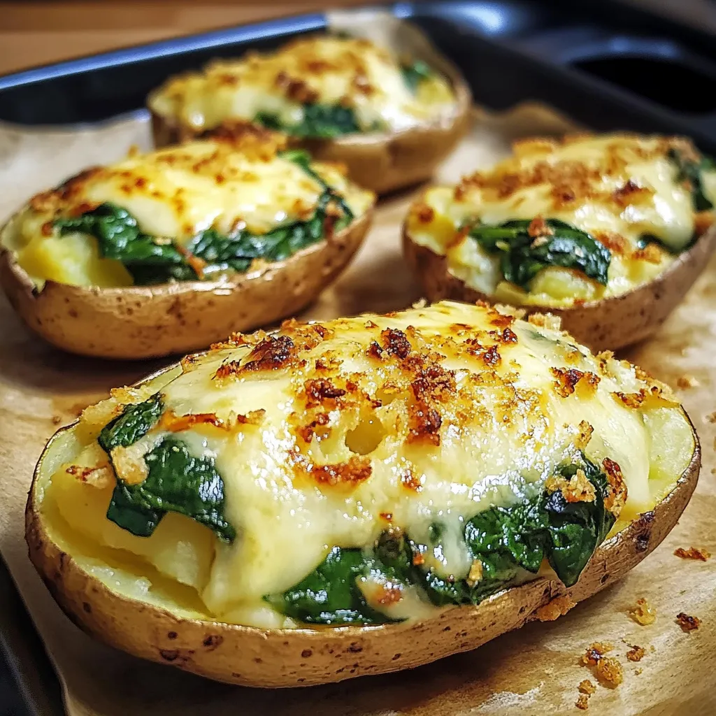 Plato de papas al horno con espinacas y queso gratinado servido en una fuente de cerámica