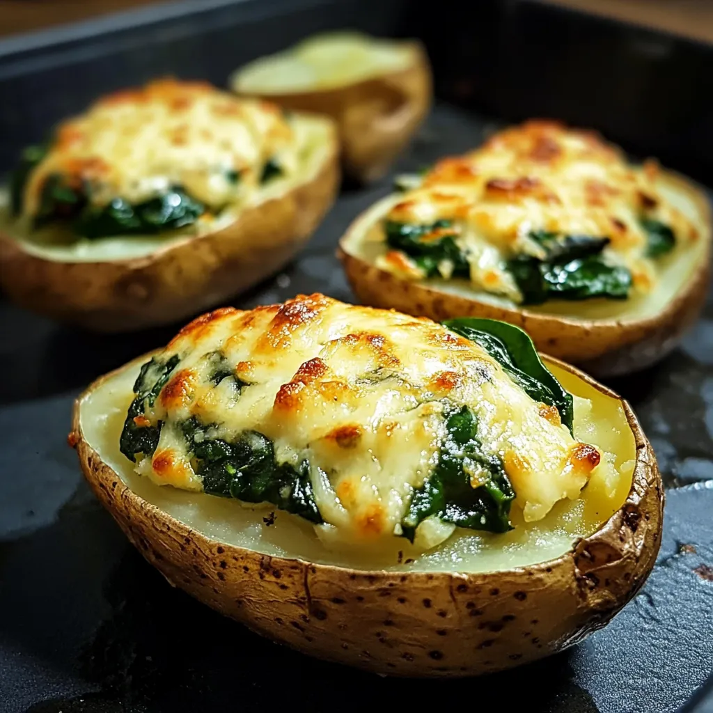 Plato de papas al horno con espinacas y queso gratinado servido en una fuente de cerámica