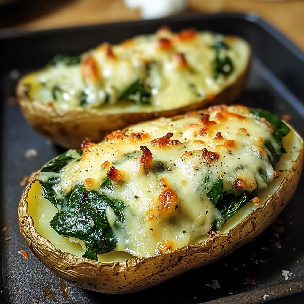 Plato de papas al horno con espinacas y queso gratinado servido en una fuente de cerámica