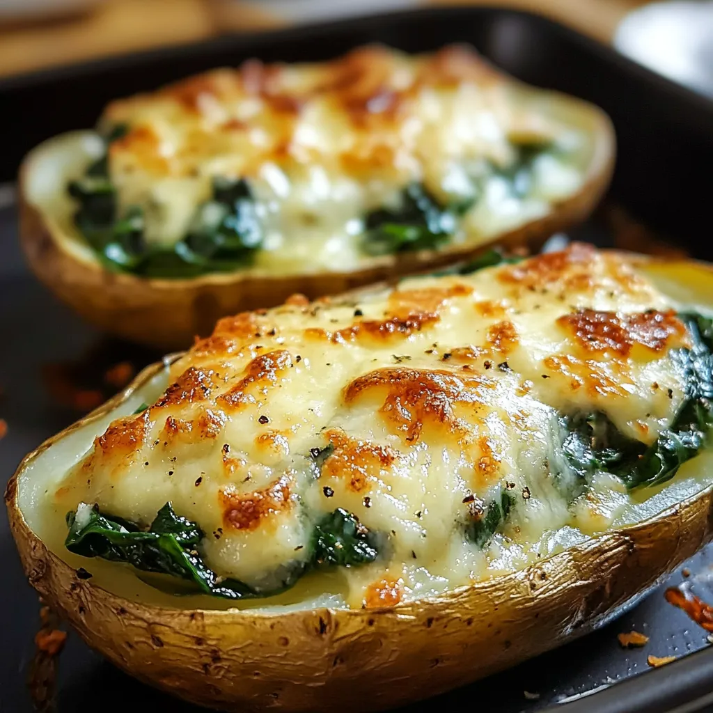 Plato de papas al horno con espinacas y queso gratinado servido en una fuente de cerámica