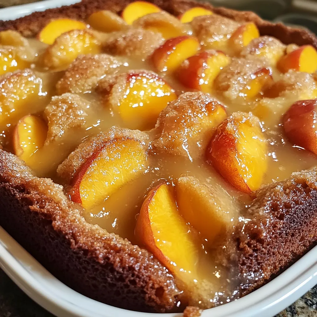 Pastel estilo cobbler de durazno recién horneado con duraznos caramelizados y glaseado blanco sobre la superficie