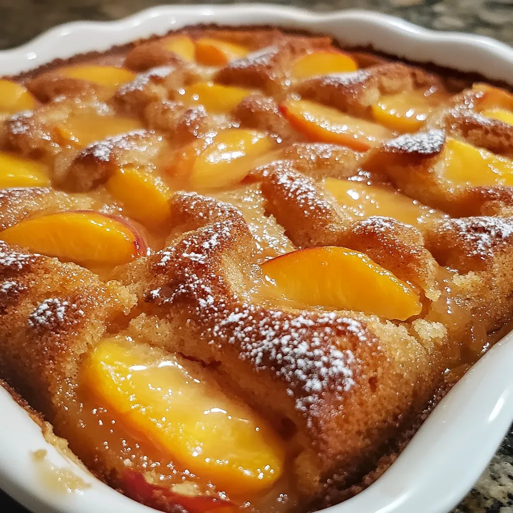Pastel estilo cobbler de durazno recién horneado con duraznos caramelizados y glaseado blanco sobre la superficie
