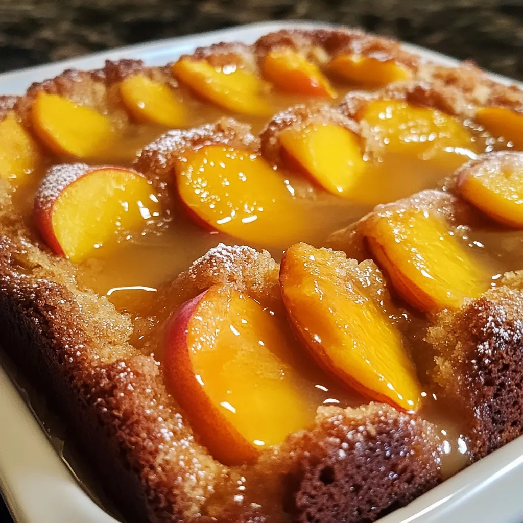Pastel estilo cobbler de durazno recién horneado con duraznos caramelizados y glaseado blanco sobre la superficie