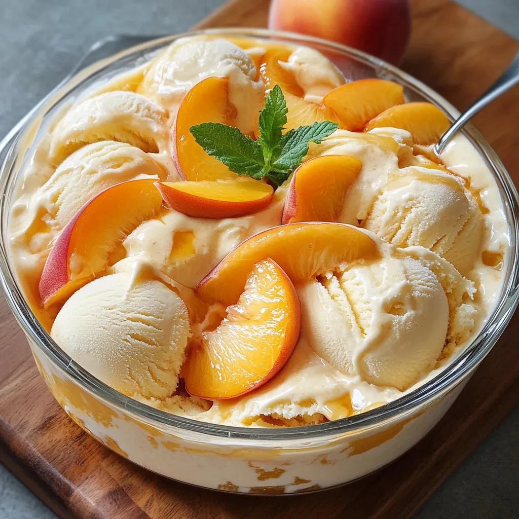 Pastel helado de melocotón decorado con rodajas de fruta sobre una base cremosa.