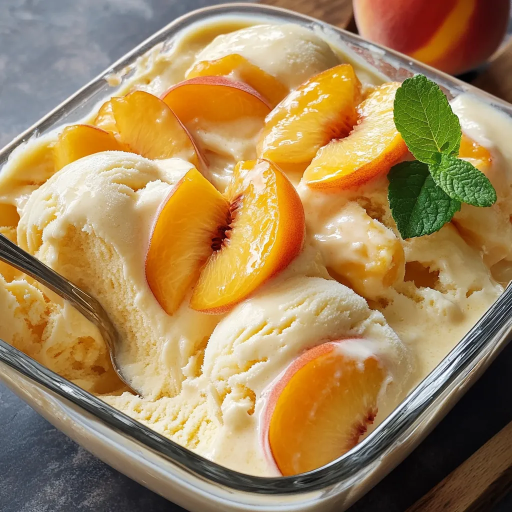 Pastel helado de melocotón decorado con rodajas de fruta sobre una base cremosa.