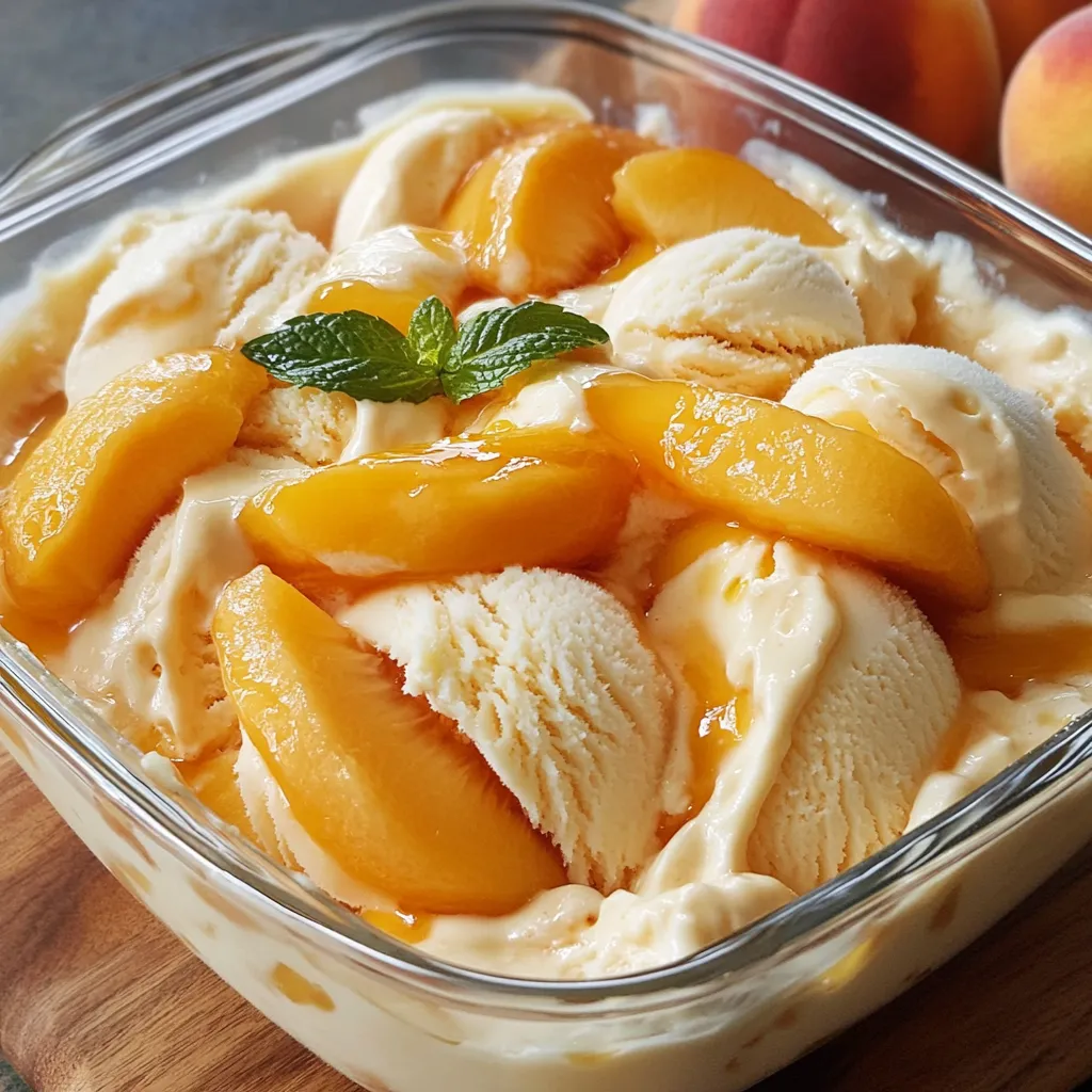 Pastel helado de melocotón decorado con rodajas de fruta sobre una base cremosa.