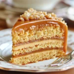 Pastel de caramelo con glaseado cremoso sobre plato blanco