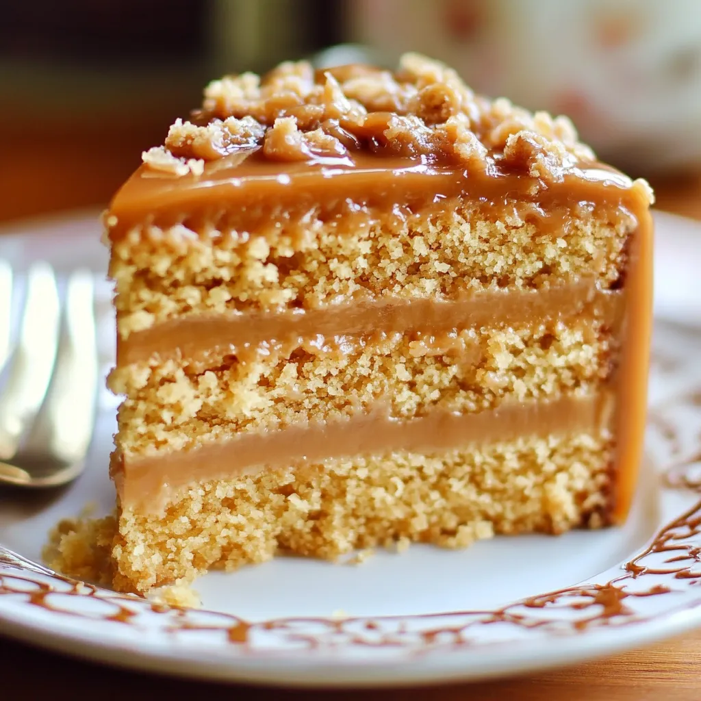 Pastel de caramelo con glaseado cremoso sobre plato blanco