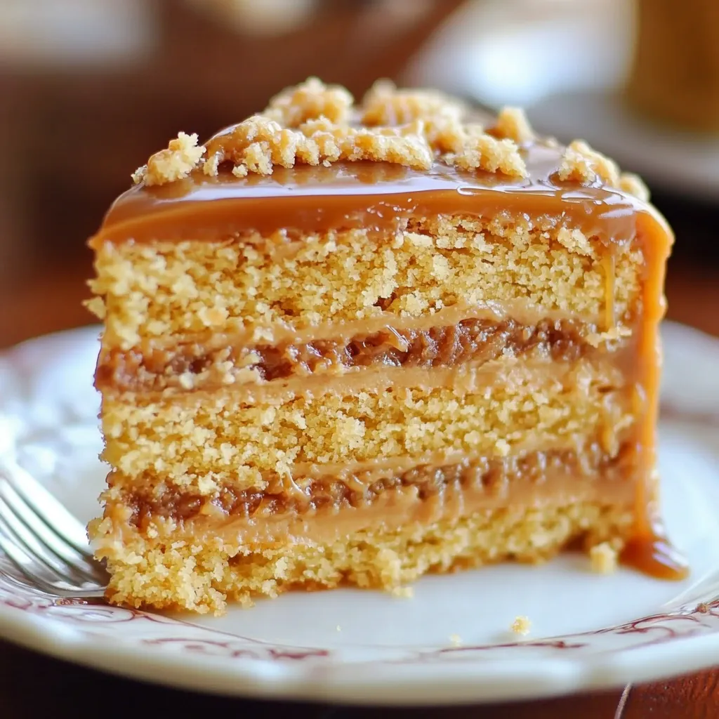 Pastel de caramelo con glaseado cremoso sobre plato blanco