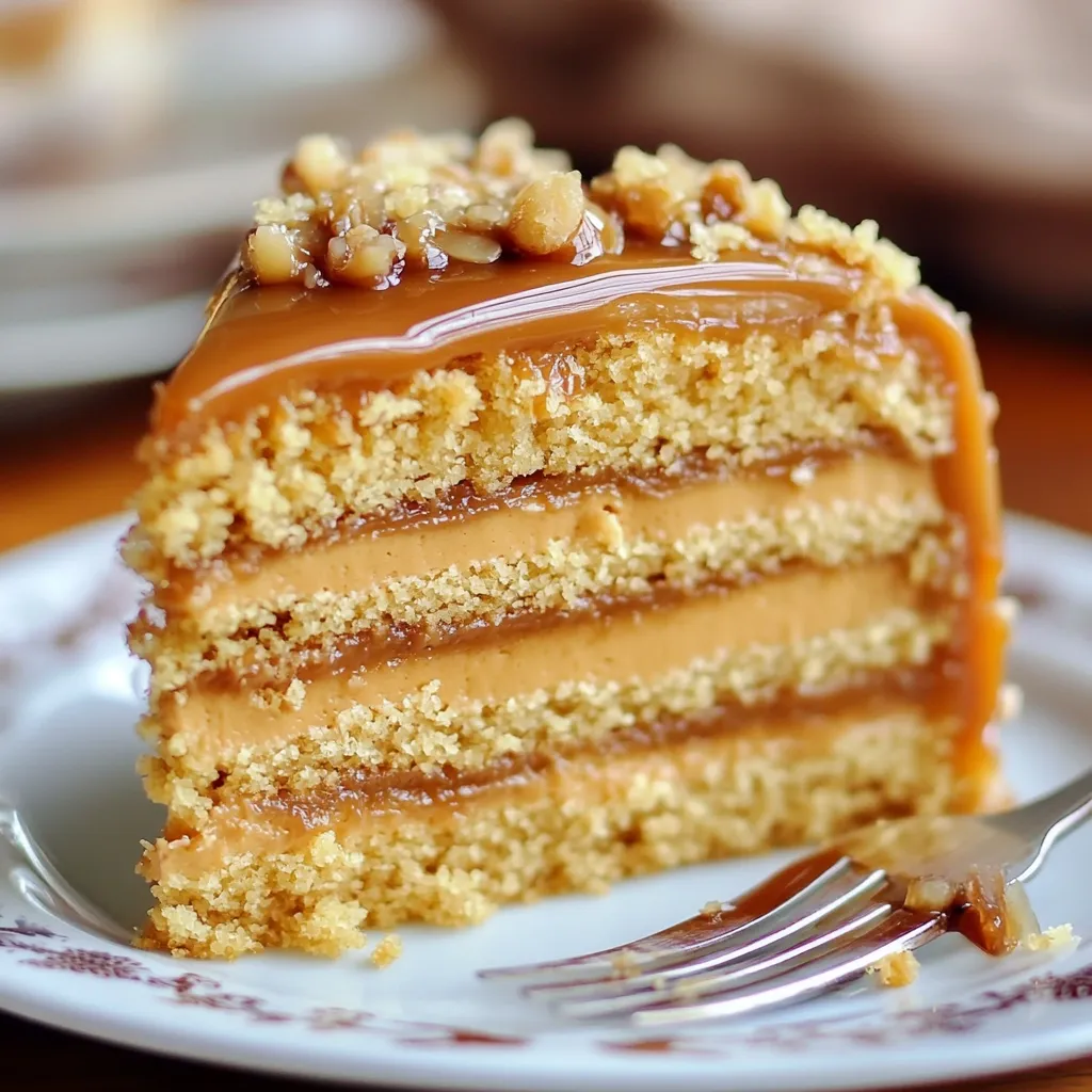 Pastel de caramelo con glaseado cremoso sobre plato blanco