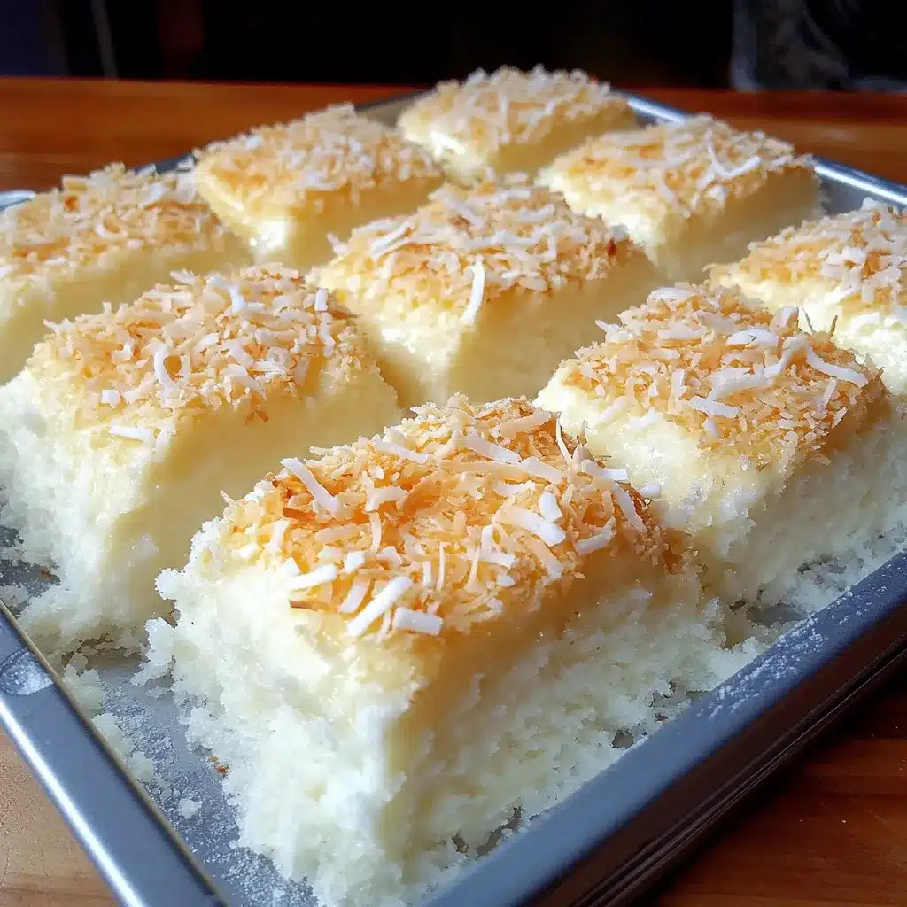 Pastel de coco frío recién cortado, jugoso y cubierto con coco rallado sobre una bandeja blanca