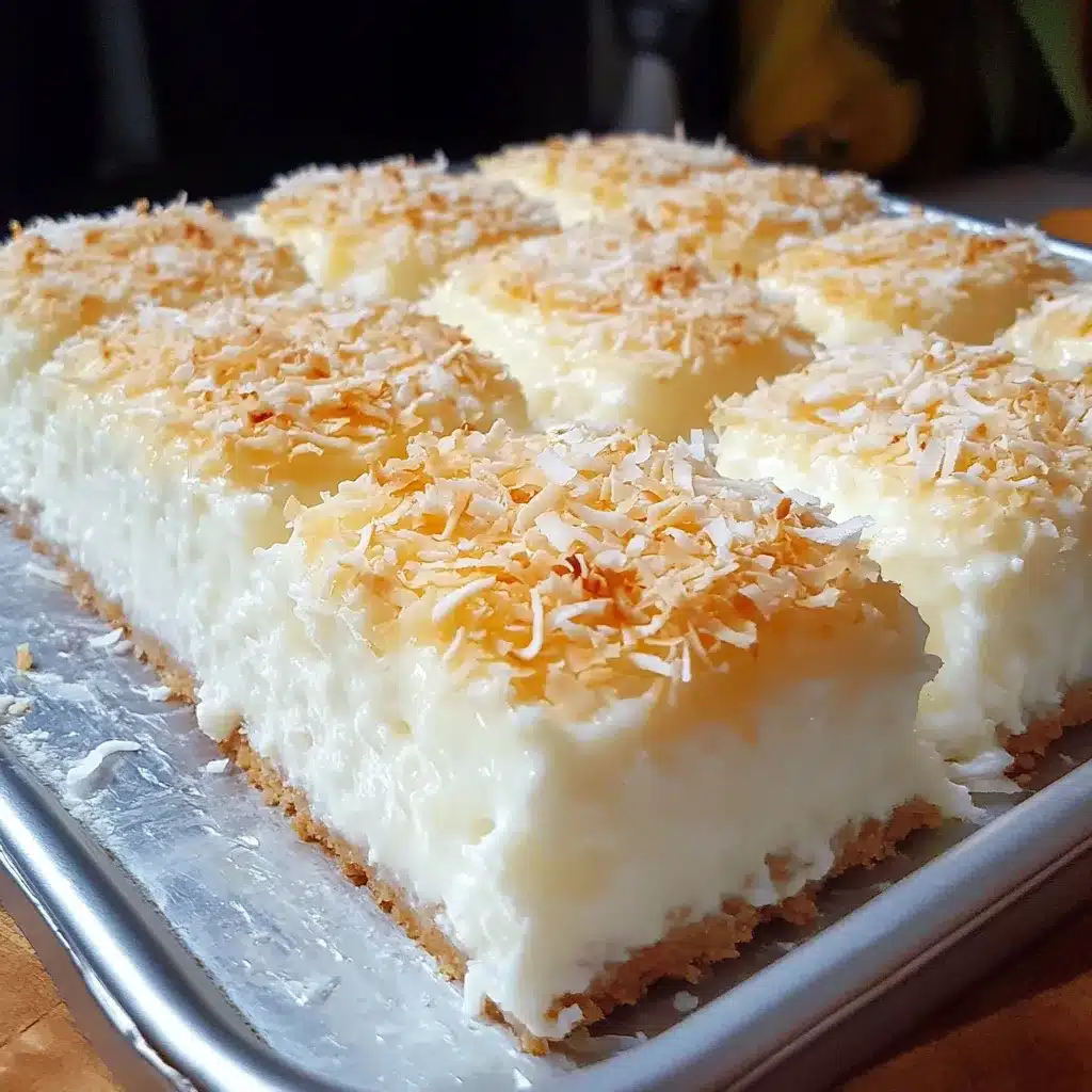Pastel de coco frío recién cortado, jugoso y cubierto con coco rallado sobre una bandeja blanca